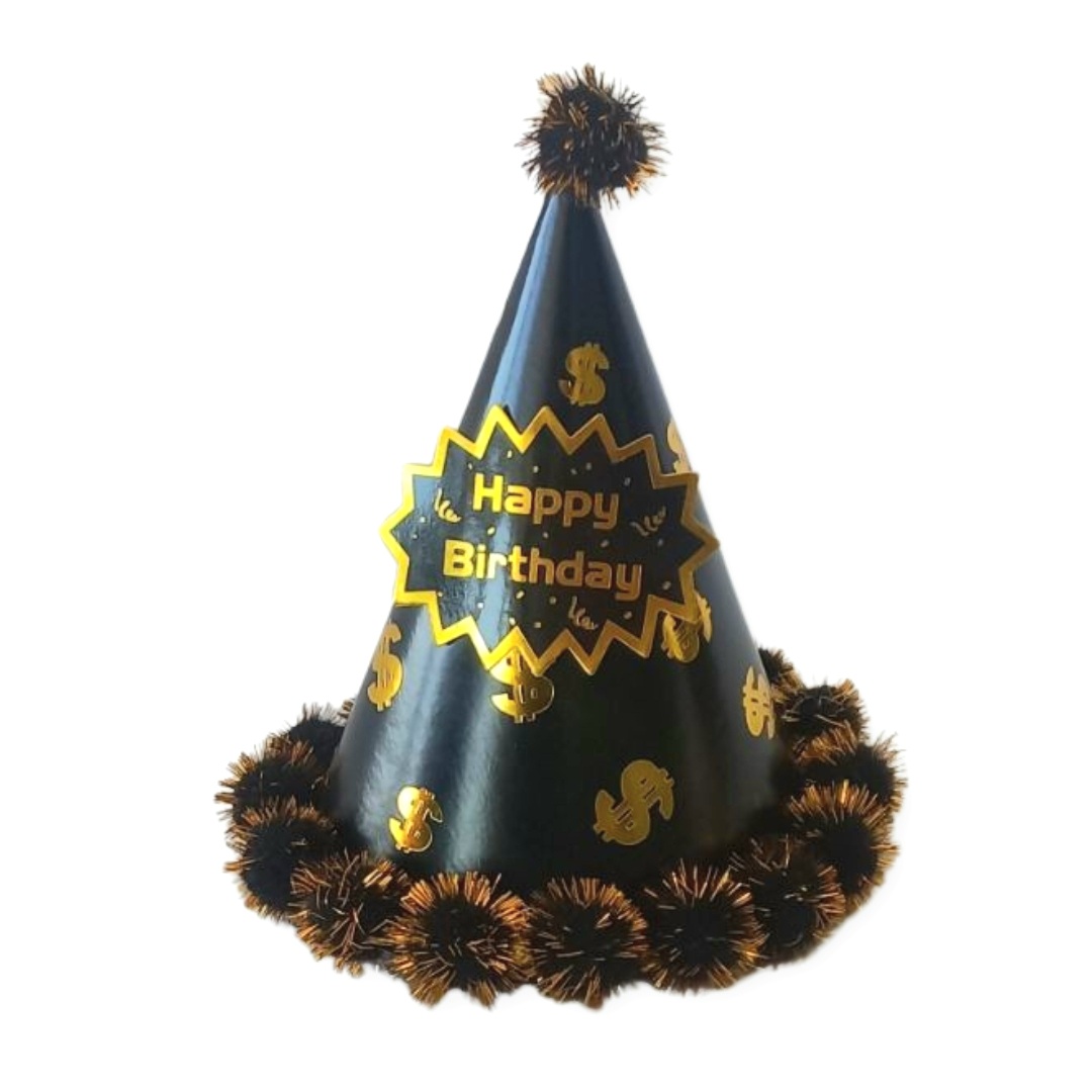 Καπέλα Χάρτινα Λευκά/Μαύρα Με Πον-Πον Happy Birthday 20cm