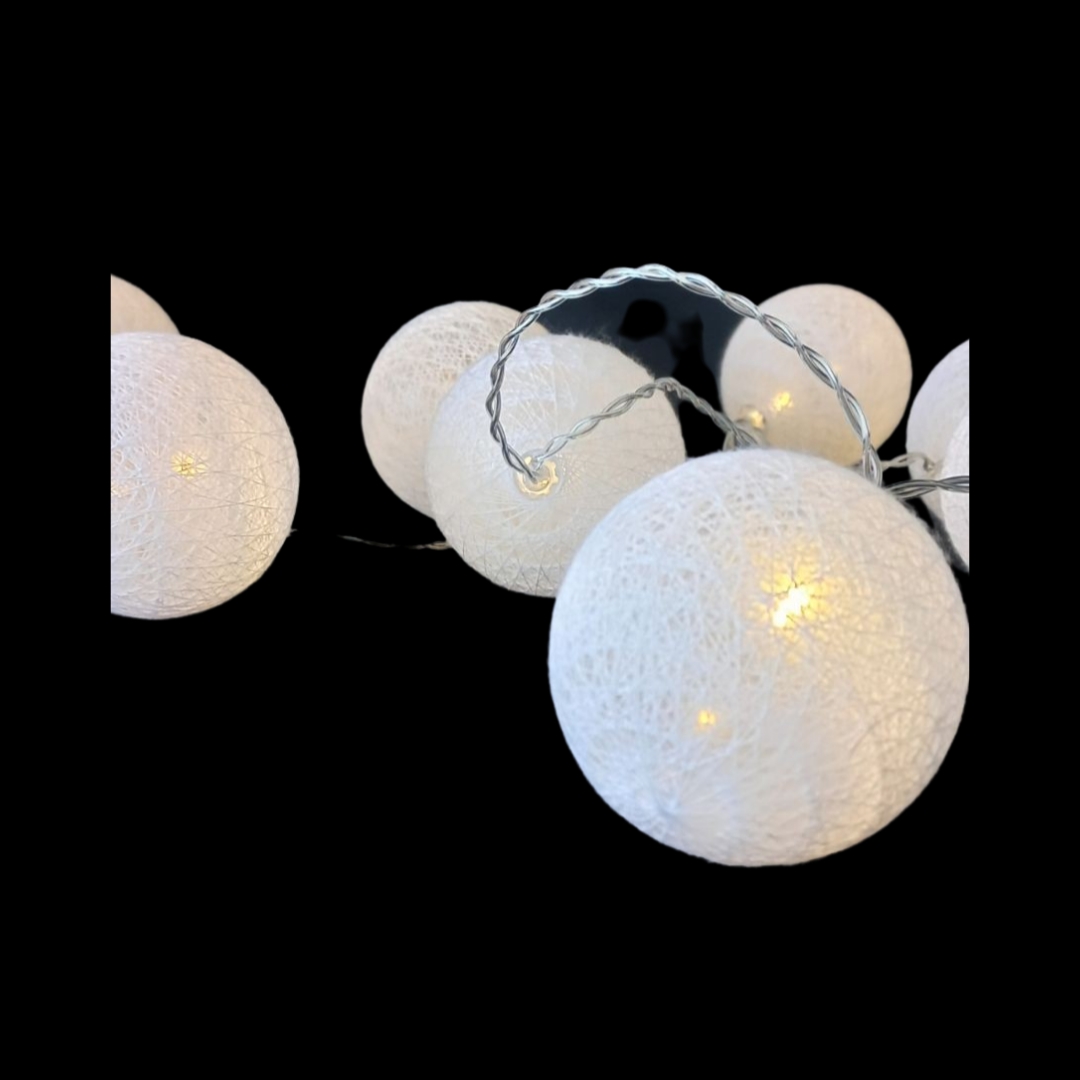 10 Διακοσμητικά Λαμπάκια Led Μπαταρίας Μπάλες 6cm Λευκή Δαντέλα 1,35m